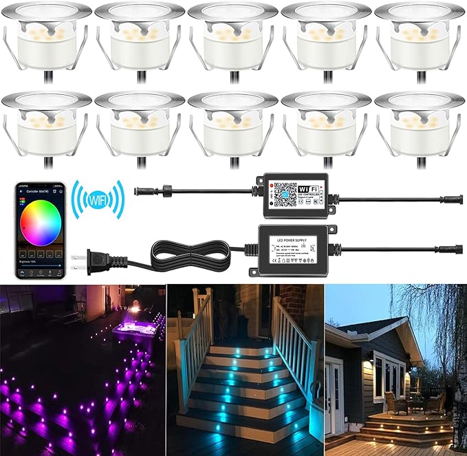 Smart LED Deck Lights Kit WiFi Controlled Color ChangeableΦ1.38“Outdoor IP67 Waterproof Low Voltage Step Lights In-Ground LightingWorks with Samrt PhoneAlexa Google Home(Silver Border10pack)