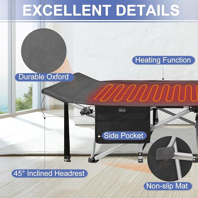BESTHLS Heated Camping Cot for Adult 600D Oxford Portable Sturdy Sleeping Cot with Carry Bag Portable Cots for for Home Office Nap Beach Travel Black