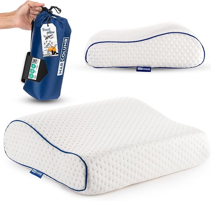Travel &amp Camping Comfortable Memory Foam Pillow – Easy to Carry Portable Bag – Temperature Regulating Pillow Case - Perfect for Travelling (White Contour)