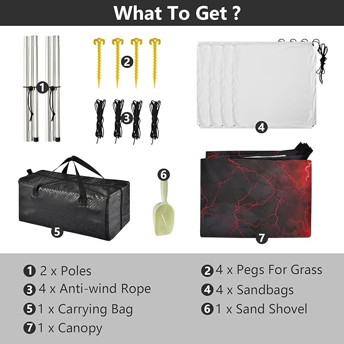 Red Lightning on Black Beach Tent Sun Shelter 9.2' x 10.5' Beach Canopy with 4 Sandbags 4 Stability Poles Sand Shovels - Tent Canopy for Beach Camping Fishing Picnics
