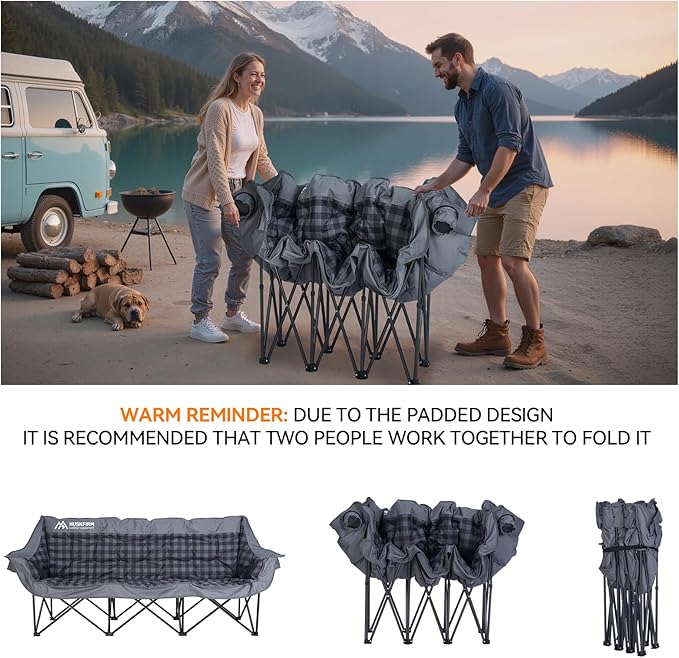 3 Person Camping Chair Padded Loveseat Camping Chair Folding Camping Couch Portable Double Camping Chairs Heavy Duty Camp Chair for Adults Outdoor Lawn with Two Cup Holders and Carry Bag