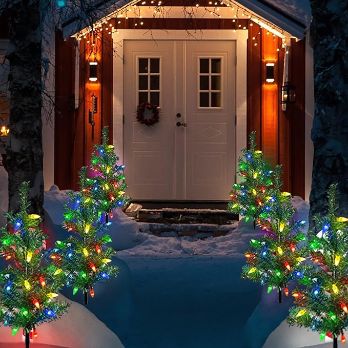 Upgraded 4-Pack Solar Christmas Garden Stake Lights Decorative Xmas Tree Solar Christmas Yard Stake Outdoor Waterproof Pathway Lights for Garden Patio Yard Decorations