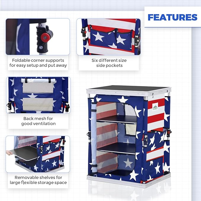 EAGLE PEAK Outdoor Folding Camping Table with Large 3-Tier Storage Organizer and Side Pockets Easy Set Up Portable Aluminum Camping Kitchen American Flag