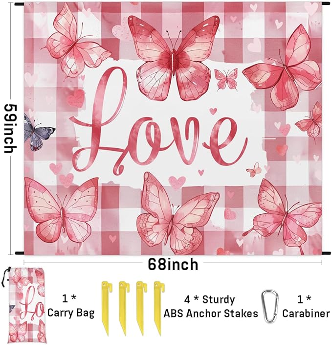 Waterproof Sandproof Beach Blanket 59''×68'' Love Butterfly Polyester Outdoor Picnic Blanket with 4 Stakes &amp Storage Bag for BeachCampingVacation Banana Red
