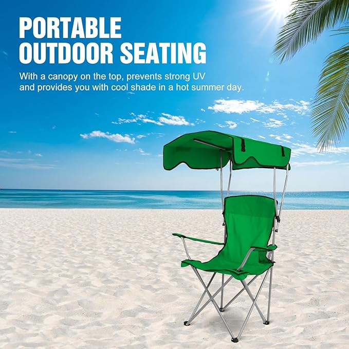 Camping Chair with Canopy Portable Outdoor Folding Beach Chairs with Cup Holder 330LBS Load Lawn Chair for Outside Fishing Beach Picnic (Green)