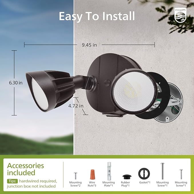 Philips 44W 3500LM ‌LED Security Flood Light‌ ‌Outdoor‌Switch Controlled Aluminum ‌Security Light‌ 2 Adjustable Heads5000K DaylightWet Location for Patio Garden Yard Lights