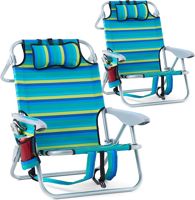 2 Pack Lightweight Portable Recliners Chair for Adults Outdoor Lay Flat Folding Beach Chairs with 5 Positions Backpack Beach Chair with Towel Bar Zipper Pouch Cup Holder NEW Striped