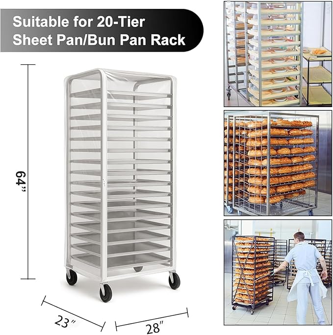 Bun Rack Cover – Transparent PVC with 4 Sided Zippers – Universal 20 Tier Sheet Pan &amp Speed Rack Cover – Heavy Duty Waterproof &amp Dustproof Bread rack cover Bakery Rack Cover