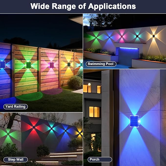 Solar Fence Lights Outdoor New 4-Way Lighting Fence Lights Solar Powered with 8 Modes Warm White/RGB IP65 Waterproof Solar Wall Light for Backyard Wall Pathway Deck Patio Decor - 12 Pack