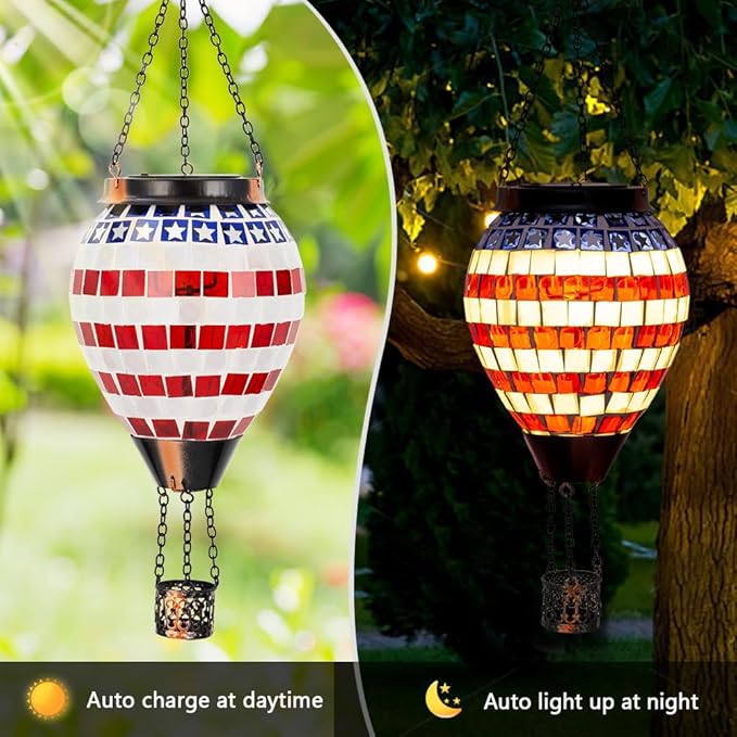 Flag Hot Air Balloon Solar Lantern Mosica Glass Hanging Solar Lanterns Outdoor Waterproof for Garden Yard Patio Decor