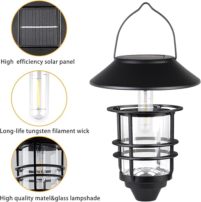 Solar Lantern Outdoor Lights Hanging Waterproof Lantern Lights with Wall Mount Kit for Garden Porch Fence 2 Pack