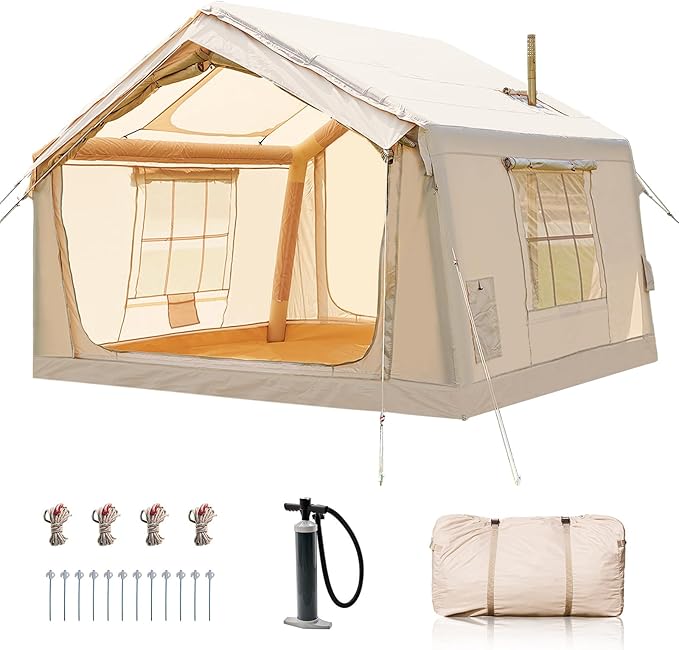 Inflatable Tents for Camping Blow Up Tent with Hand Pump Easy Setup Inflatable Hot Tent with Stove Jack Waterproof Oxford Air Glamping Tents for Camping Adult 4 Person Upgrade Version
