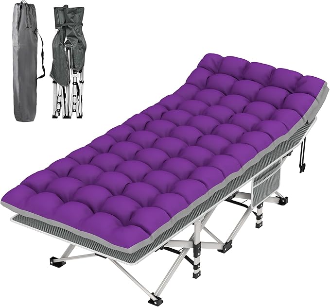 Suteck Camping Cot Folding Camping Cot Bed for Adults Sleeping 1200D Double Layer Oxford Portable Folding Outdoor Cots for Camping W/Soft Pad Carry Bag for Home Office Nap Beach Travel 500LBSPurple