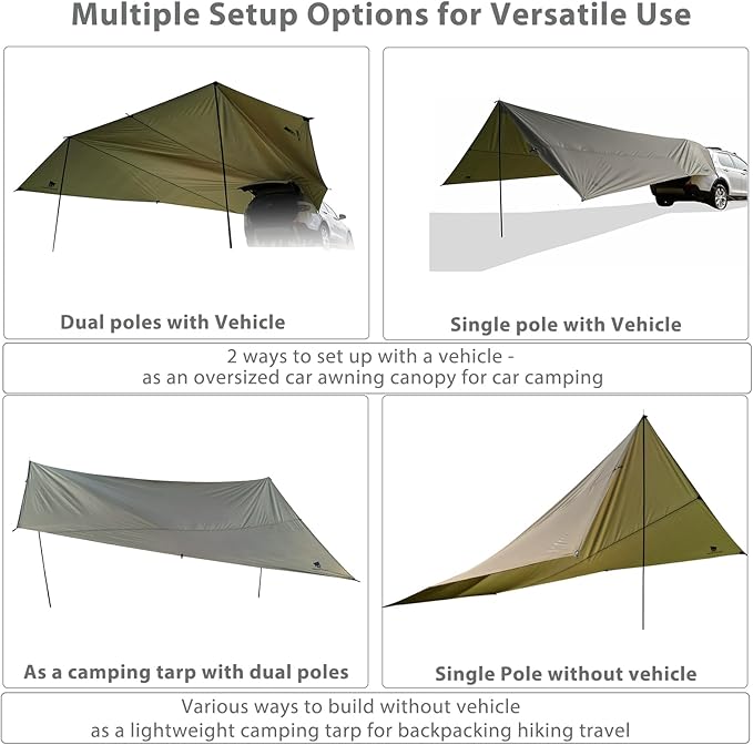 GEERTOP Large Car Awning Tarp for Camping Backpacking Tarp SUV Tailgate Truck Canopy Sun Shade Waterproof Outdoor Rear Vehicle Awning Shelter for Van MPV Campers