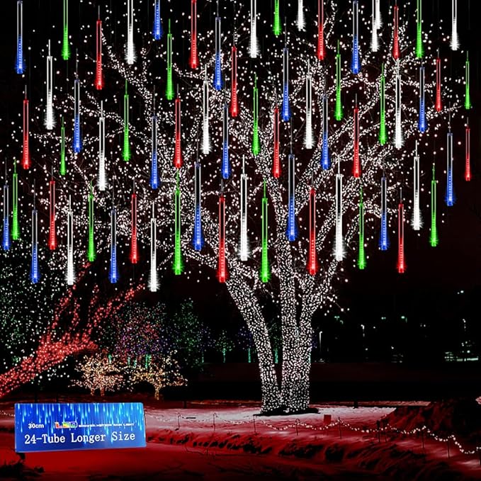 Kwaiffeo Icicle Lights Outdoor 24 Tubes(Equivalent to Pack of 3 8-Tube) Meteor Shower Lights for Xmas Halloween Decorations Yard Party Tree Multi Color(Purple Blue Green White)