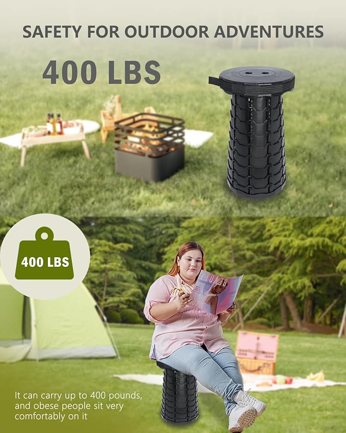 Upgraded Foldable Thickened Collapsible Stool Portable Folding Seat Adjustable Height Retractable Suitable for Fishing Hiking Camping BBQ Party Outdoor (Black)