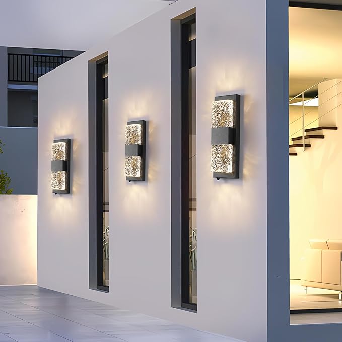 HITTO Dusk to Dawn Outdoor LightingPorch Lights Outdoor IP65 Waterproof Exterior Lighting Fixtures 12W LED Ripple Crystal Modern Outside Light for House Hallway Doorway Patio14.2'' Black 2PCS