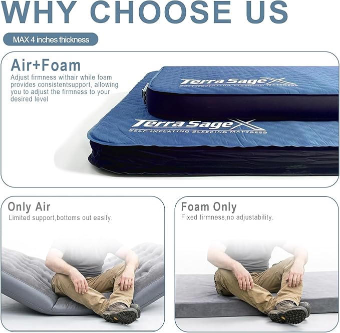 Self Inflating Sleeping Pad with Electric Pump  4 Ultra Thick memory foam camping mattress 9.5 R-Value Insulated Sleeping Mat Easy to Inflate &amp Deflate for Camping Car Travel Tent (SingleBlue)