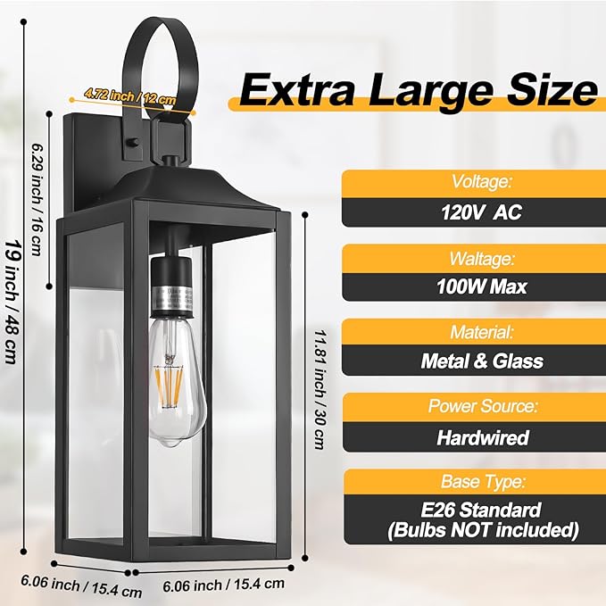 19 Large Outdoor Light Fixture 2 Pack Porch Lights Sconce Exterior Lighting Fixtures Black Outside Lights for House Modern Wall Lantern Anti Rust Outside Coach Lamps for House Doorway Garage