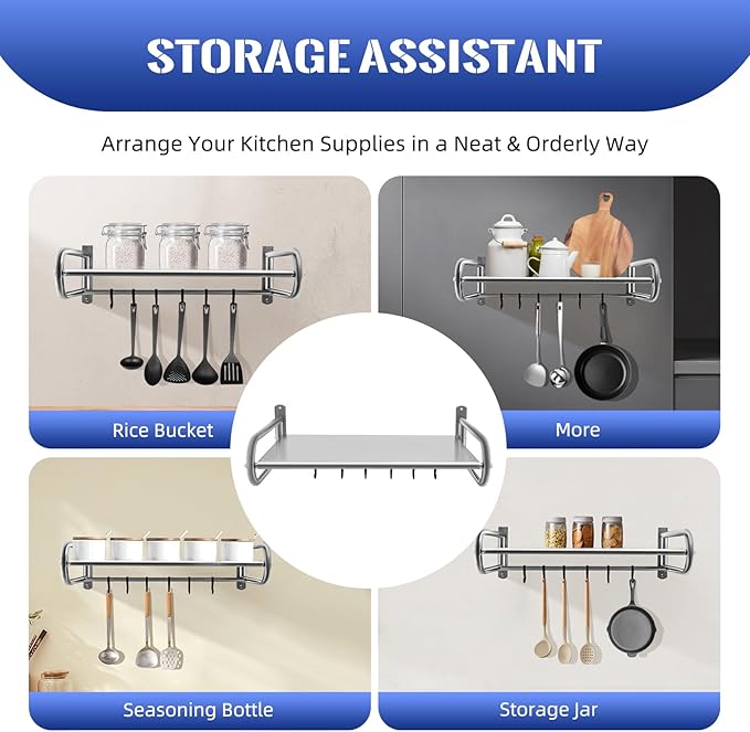 Microwave Oven Shelf Wall Mount Stainless Steel Over The Stove Bracket Holder with 6 Hooks Microondas Rack for Dorm Apartment Kitchen Bedroom W20.8 X D14.9 X L7.1in