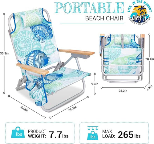 #WEJOY 2 Pack Aluminum Beach Chair with 4 Positions Backpack Beach Chair with Wooden Armrest Portable Reclining Chair with Cup HolderBack Storage Bag for Camp Lawn Pool Outdoor Trip (Cyan Green)