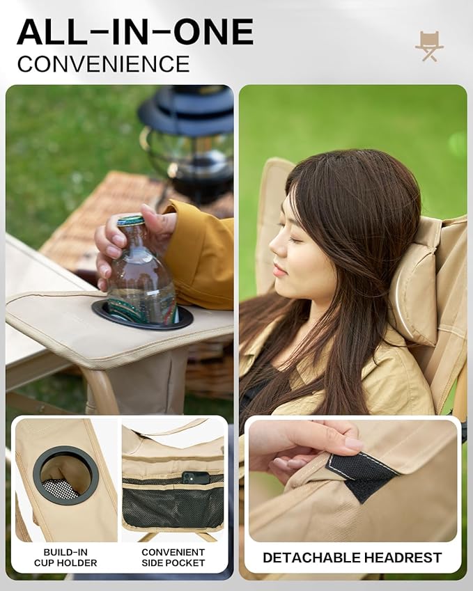 MOBI GARDEN Reclining Camping Chair with Foot Rest 4-Position Adjustable Folding Lounge Chair for Adults Portable &amp Detachable Footrest – Sand - Solid Back