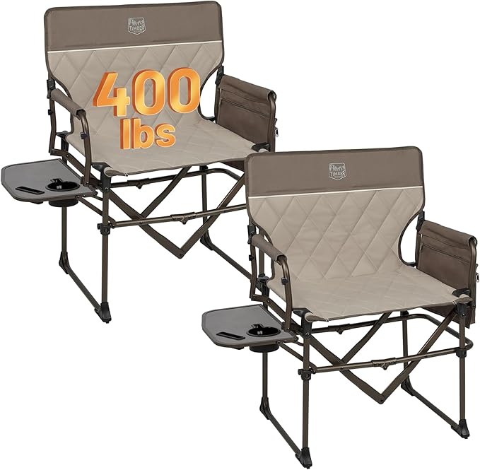 TIMBER RIDGE 2 Pack Aluminum Camping Directors Chair with Side Table Pocket Portable Folding Heavy Duty Lawn Chair for Fishing Trip Picnic Concert Outdoor 400lbs Tan