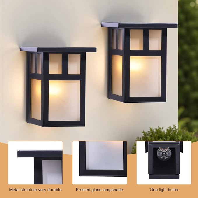 2-Pack Small Outdoor Wall Lights Rustic Black Metal Sconce with Clear Glass Shade 7.6”H Compact Exterior Light for Porch Entryway Garage - Hardwired Damp Rated ETL Certified (Bulb Not Included)