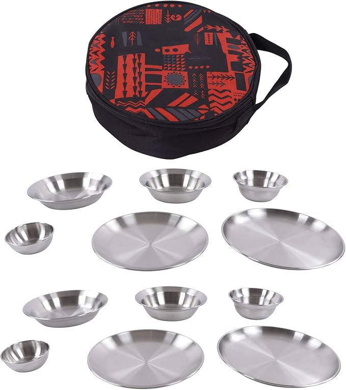 12pcs Stainless Steel Camping Dinnerware Set Outdoor Dinnerware Set Camping Plates Bowls Set with Storage Bag for Backpacking Hiking Picnic &amp BBQ