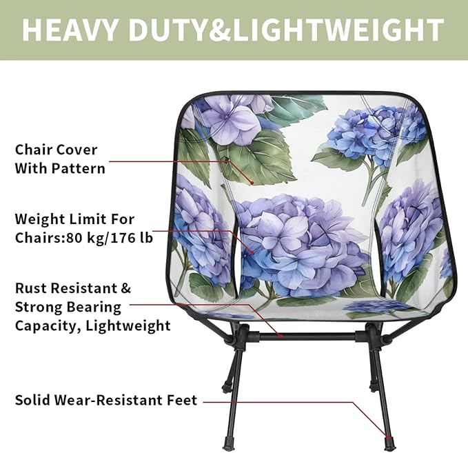 Honeybaby Folding Camping Chair Watercolor Hydrangeas Camping Chairs Lightweight Portable Chair Outdoor Foldable Chairs for Camping Travel Picnic Beach Hiking