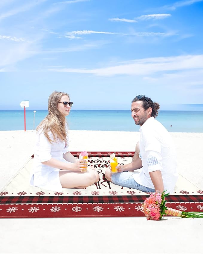 Beach Blanket Waterproof Sandproof Christmas Buffalo Plaid Elk Xmas Tree Quick Drying Beach Mat with 4 Stakes Retro White Red Snowflake Lightweight Picnic Blanket for Travel Camping 108x84