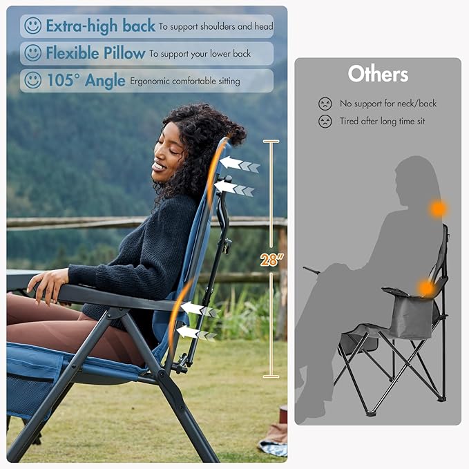 Portal Reclining Camping Chair with Adjustable Back Folding Camp Recliner for Adults Portable High Back Oversized 350LBS (Blue)