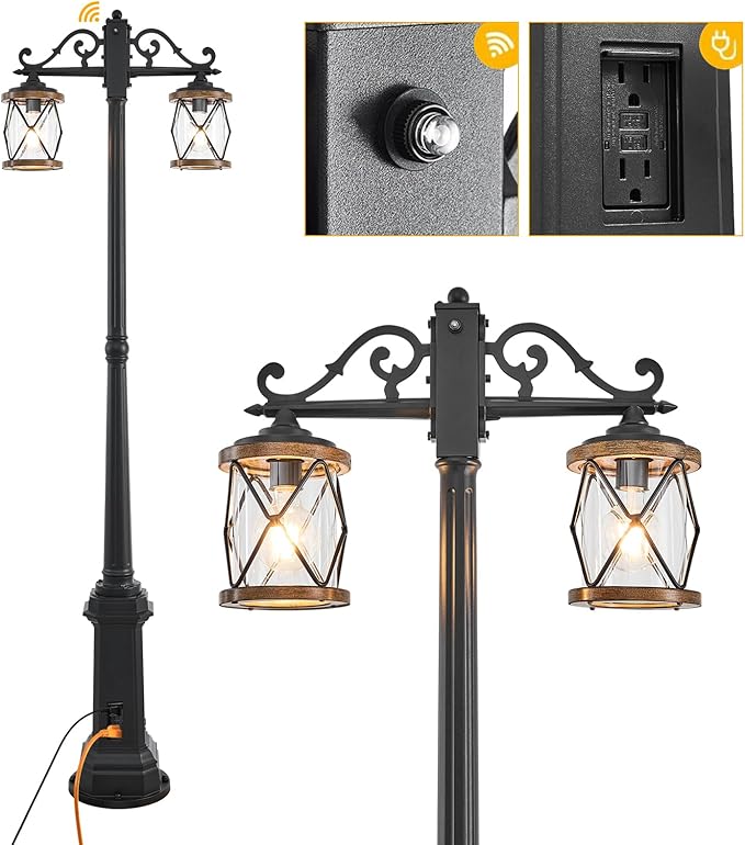 Dusk to Dawn Outdoor Lamp Post Lights with GFCI OutletDouble-Head Farmhouse Street Light FixtureAluminum Black Pole Exterior Lights Waterproof Lantern Outdoor Lighting