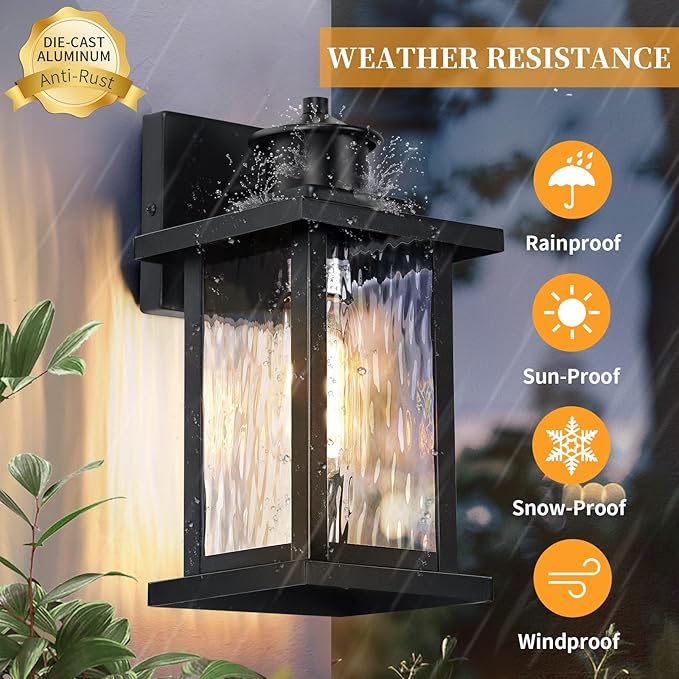 12'' Outdoor Light Fixture 2 Packs Outdoor Wall Lights Exterior Wall Sconce with Water Ripple Glass Waterproof Porch Light Lantern Wall Mounted Modern Black Outside Lights for House Patio Garage