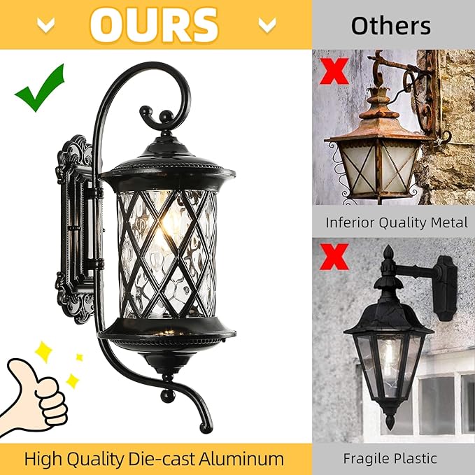 Retro Large Outdoor Wall Lanterns 24 Exterior Light Fixtures Coach Light Waterproof Aluminium with Water Glass Outside Wall Lamps for House Front Door Garage Porch Lighting Black