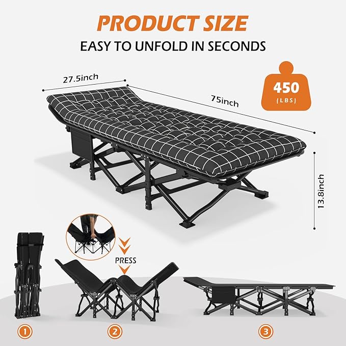 ATORPOK Camping Cot for Adults with Cushion Comfortable Portable Folding Bed for Sleeping Lightweight Folding Bed with Carry Bag for Kids Supports 450 lbs (Black)