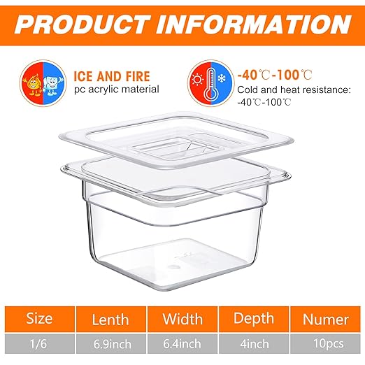 Sieral 10 Pcs 1/6 Size Food Containers with Lids - Clear Stackable Meal Prep Bins for Fridge OrganizationKitchen StorageBentoBaby FoodMicrowave Safe (4 Inch1.5 Quart)