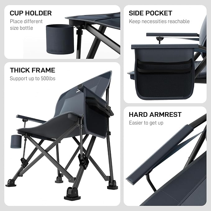 EVER ADVANCED Oversized Folding Camping Chair for Adults with Adjustable Lumbar Support Heavy Duty Chair with Side Pockets Portable Collapsible Quad Chair for Outside