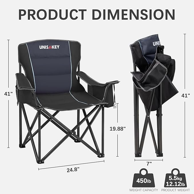Oversized Folding Camping Chair for Adults - 450lbs Support - Heavy Duty Portable Lawn Chairs with Side Pocket Cup Holder Cooler Bag for Sports Garden Beach Fishing Black