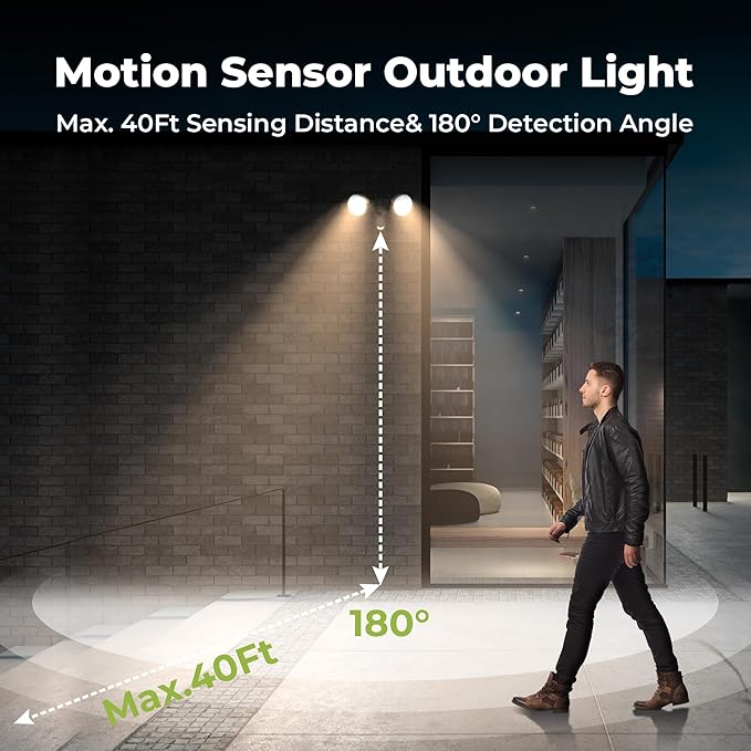 Motion Sensor Outdoor Light 300W PAR38 Bulb Compatible IP65 Waterproof Flood Lights 2 Head Dusk to Dawn Motion Detected Security Light for Patio Garage Yard (Black Bulbs not Included)