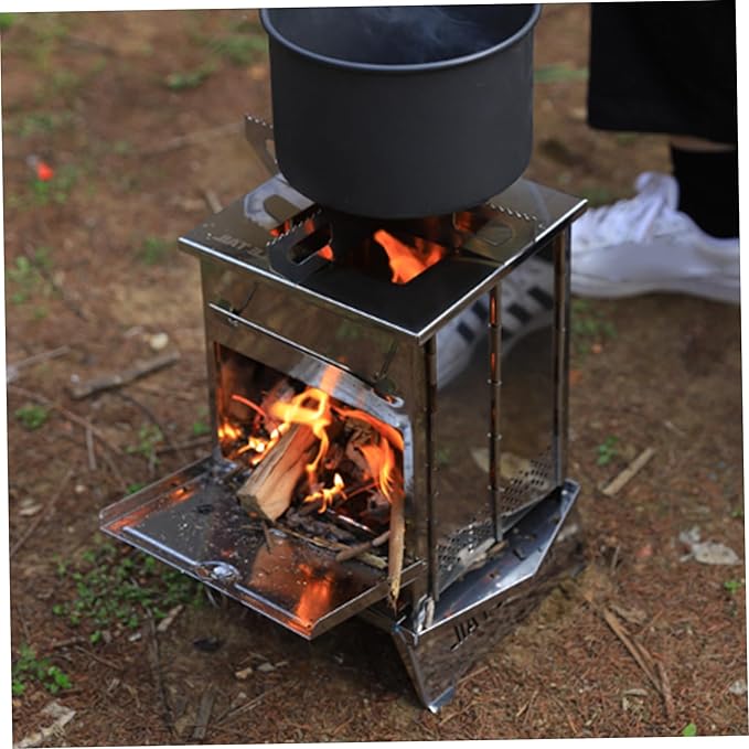 Camping Wood Stove Foldable Stainless Steel Portable Wood Burning Stove Portable Grill Charcoal Mini Outdoor Cooking for Hiking Backpacking BBQ