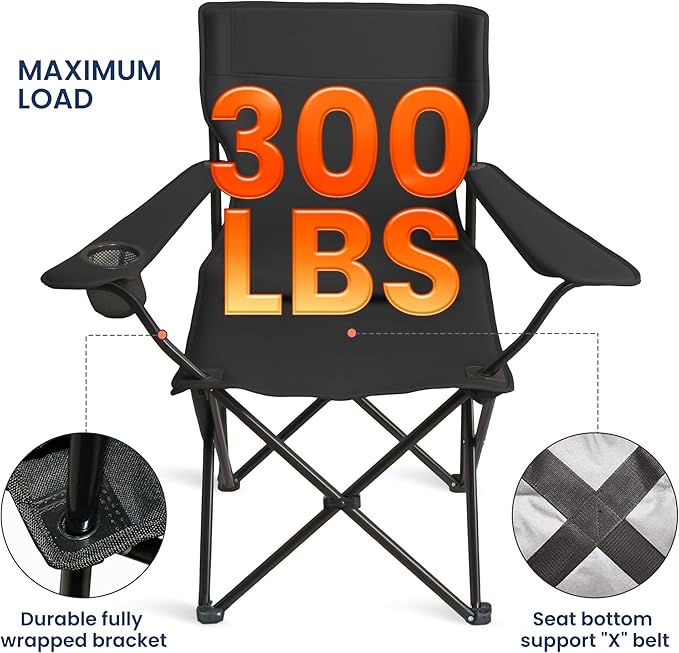 Portable Camping Chair 2 Pack Folding Outdoor Chair with Cup Holder &amp Side Pocket for Camping Hiking Picnic Beach (Black)