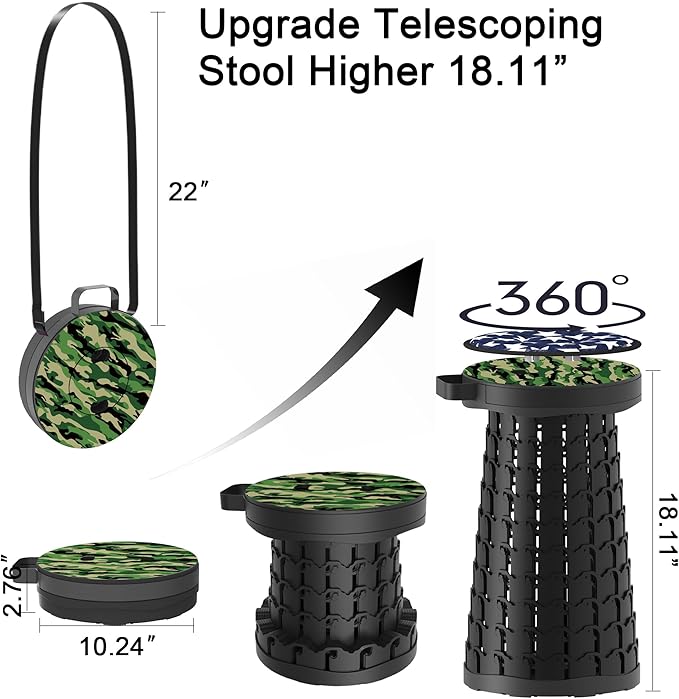 ALEVMOOM Upgraded Telescoping Collapsible Stool with Cushion Folding Stool with Printing Portable Retractable Foldable Seat Max Load 550lbs for Adults Camping Fishing Outdoor