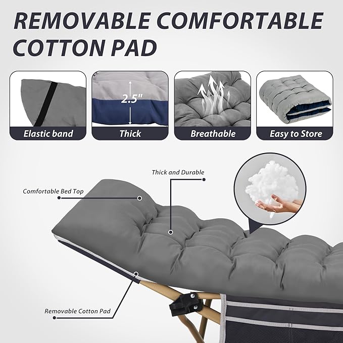 Folding Camping Cot for Sleeping Portable Cots for Adults Heavy Duty Cot Bed 550LBS(Max Load) Extra Wider Cots with Large Pocket for Outdoor Office Beach