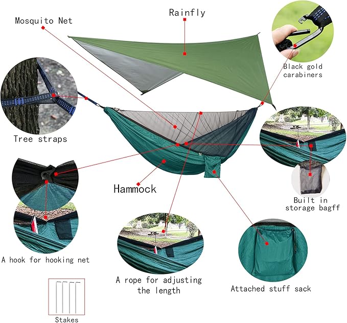 Portable Single Double Nylon High Strength Parachute Hammock Rainfly Set Camping Hammock with Rain Fly Tarp and Mosquito Net Tent Tree Straps Backpacking Hiking Travel Yard Outdoor Activities