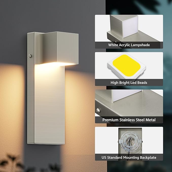 2 Pack 13 Modern Outdoor Led Wall Light16W 3000K 1200Lumen Porch &amp Patio Hardwired Wall Mount Wall SconcesExterior IP65 Waterproof Aluminum Wall Lamp for Front Door Garage Garden(Nickel)