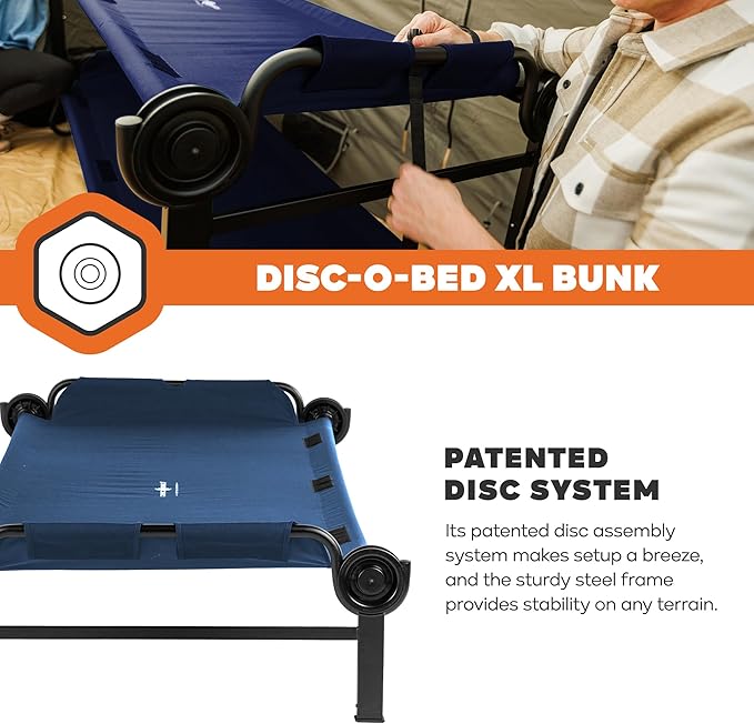 Disc-O-Bed Extra Large Portable Bunk Camping Cots with Carry Bags - Heavy-Duty Indoor or Outdoor Sleeping System Converts to Bench or Separate Beds 500 lb Weight Capacity Per Cot Navy