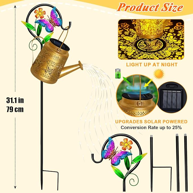 Butterfly Solar Watering Can Lights Outdoor Waterproof Garden Lanterns with Shepherd Hook Solar Garden Decor for Yard Outdoor Landscape Pathway Gift for Women Mom GrandmaChristmas Gifts 2 Pack