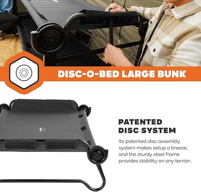 Disc-O-Bed Large Outdoor Convertible 2 Person Bench and Double Camping Cot Portable Bed Bunk System for Adults Black