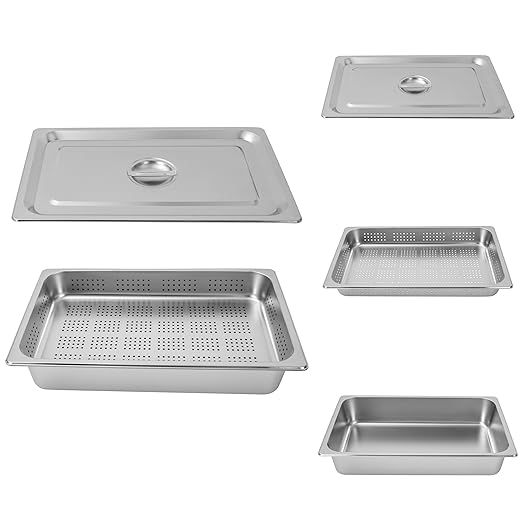 A Set of Full Size 4 in Steam Table Pan and 2.6in Perforated Pan with Lid Hotel Pan Food Warmer Pan Buffet Tray Servers Pans for Catering Kitchen Restaurant Supplies